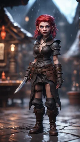 full figure with metallic stone gauntlets holding dark jagged dagger, standing on wet tiled floor outside fantasy tavern, focused female brownie vampire gnome from worms armageddon wearing makeup, bokeh like f/0.8, tilt-shift lens 8k, high detail, smooth render, down-light, unreal engine, prize winning