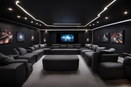 a black themed dedicated home cinema room with LED ambient lighting in the walls make sure the room is completely symmetrical