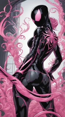 A close picture to Mix between gwenpool and symbiote, symbiote venom in background, pink and black custom, intricate details, highly detailedin in solo leveling shadow art style