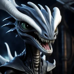 alien xenomorph as a disney dragon like in "how to train your dragon" with big white eyes and a goofy look on its face