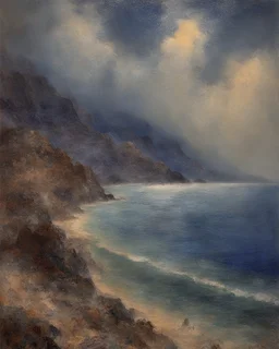 Ocean, Storm, Impressionist Beautiful Italian blue mountain scene by Turner and redon and Seurat, 1980s aesthetic, photonegative refractograph, sparklecore, star overlay