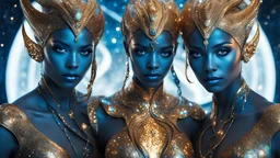 couple, humanoid woman, alien, double exposure, silver skin, slender muscular warrior, tentacles, gold, blue, copper-zinc orichalcum jewelry and piercings, beautiful face, mesmerizing starry eyes, smooth translucent skin, hourglass, glowing, glare , size DD.