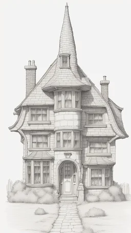 A highly detailed front elevation line drawing of a crooked fantasy house, with a twisted tall chimney, rooms and floors added to the sides and roofs, like Harry Potter's the Burrow.