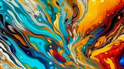 Arte abstracto en un estilo de vertido acrílico fluido, con colores ondulantes y formas orgánicas.