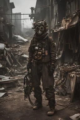 wide shot. extrem realistische filmszene: in einer post apokalyptischen zukunft: extrem detailreich. punk, bdsm, style. gruselige maske aus sehr vielen materialien, details. improvisiert, aus Schrott und Müll, Metallteile, schläuche, Gürtel, Taschen, Nägel. dreckig, rostig, zerrissen, geflickt. dystopische postapokalyptische Umgebung. hyperrealistisch, extrem lebensechter Fotorealismus, einzigartig detaillierte Kleidung, düstere Stimmung, düsteres Licht, filmisch, dystopisch.