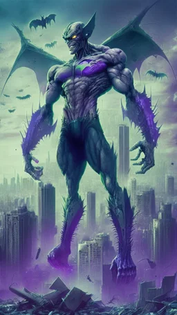 super villain evil alien, full body, muscular, bio-tech, flying, destroyed city in the background