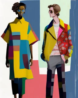 whimsical arafed nonsense, patchwork vibe, a young woman and a young man are strolling down a rainy whimsical downtown street with their arms linked, (((exaggerated body parts))), (((oversize head))), sharp color contrasts, amazing shadows, (((exaggerated limbs and head))), minimal cozy, warm palette, bright bold warm summer colors with yellow orange black colors, color leak, heavily distorted views, amazing parallels