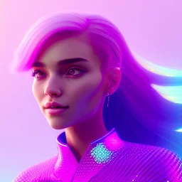 A portrait of a crystalised girl,smiling, longs hairs, atmospheric, realistic,, cinematic lighting, octane render,, pink turquoise light