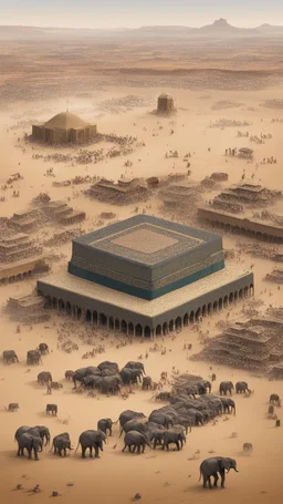 A picture of the Kaaba in the desert, surrounded by small old houses, and a large army of elephants and horsemen besieging it.