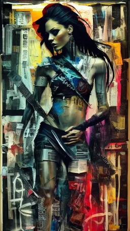Russ Mills, byroglyphics style art, backdrop, mixed media, broad energetic brushstrokes, palette knife, chaotic collage, cardboard, newspaper, torn paper, gauze, broken glass, graphic image, vibrant natural color, intensely passionate, full body, eerie, slim Goth punk woman with long braided hair of Spanish and Lebanese heritage, beauty in chaos