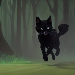 Gato negro corriendo en un bosque oscuro