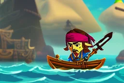 Cartoony Captain Jack Sparrow sailing on a small boat, in the middle of blue oceans, Legend Of Zelda: Wind Waker style, stylized, colorful, adventurous.