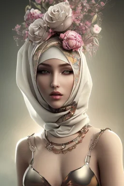 Seductive outfit, hijab portrait, 8k resolution, flower head and body, beautiful