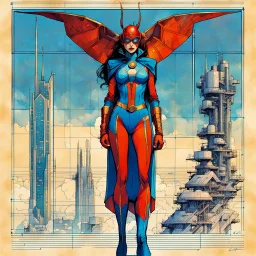 Hand drawn technical,full body portrait illustration , with detailed blueprints and engineering schematics of a walking Atlas moth insect girl, super heroine, in the comic book art style of BILL SIENKIEWICZ and JEAN GIRAUD MOEBIUS, with highly detailed facial features, drawings, and technical notation, 8k, vibrant natural colors