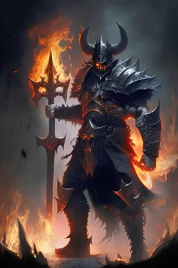 dark lord in dark fantasy style wielding greataxe that is on fire and who wears black armor