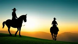 Silhouette of a lone horseback rider on the green hill at sunrise