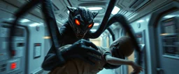 gritty air brush 3d with pen outline, vampire space loab face mask spider panther cat holding a human in its grip, pin hole cam in doll house space ship hospital corridor, in the style of HR GIGER, ESCHER, motion blur background