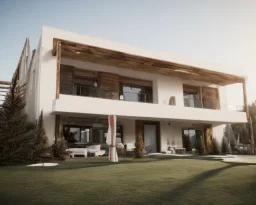 Christmas Day in algarve, a modern luxury villa architecture building WITH STRAIGHT LINES AND CANNOPY, white render and wood stripe vertical elements with gold and metallic details, overlooking the golf course, trees pines, realistic 8k ultra render