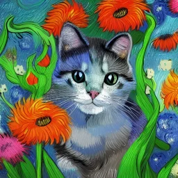 cute multicolored crystal cat, ultra realistic, background of flowers, volumetric lighting, fantasy, highly detailed, lighted background in style of Vincent Van Gogh