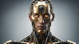 photorealistic, anatomically, physically correct full-length male body of an future AI cyborg. The face representing the horror and beauty of future technology. The AI's cyborg golden glowing eyes somehow represent eyes like one of a human . The body features futuristic, intricate futuristic designs all across the robots body. Front view.