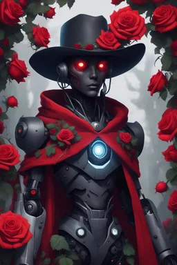 create an androgynous robot, with dark grey skin, with a black cowboy hat, with glowing red eyes, with a red cloak, and covered in vines and roses