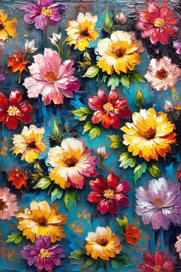 SEAMLESS Pattern masterfully detailed, vibrant flowers created with spatulated oil painting techniques, featuring thick, impasto strokes, grunge scratches, and deposit of saturated oil pigments along the