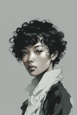 Portrait of a young female with short black curly hair, with a dark skin complexion, drawn in the Yoji Shinkawa style.
