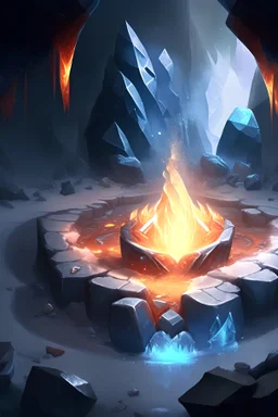 Make me an image of a wizard arena with ice, fire, rocks elements
