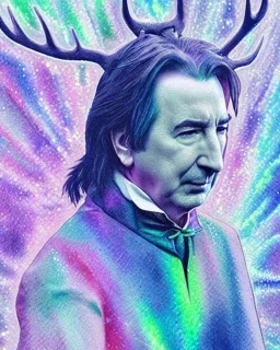 high-quality, fine-detail close-up watercolor of Alan Rickman as Severus Snape with holographic deer in foreground, 8k, intricate, photoillustration, artwork, volumetric lighting,