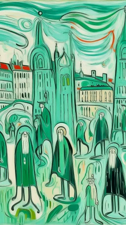 A mint colored noisy metropolis painted by Edvard Munch