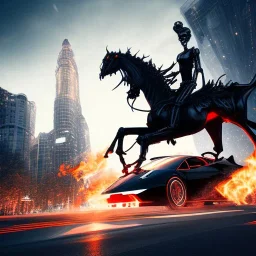 Fire head skeleton Rider wearing a black leather on black Lamborghini in the middle of street rounded by high tower in a City