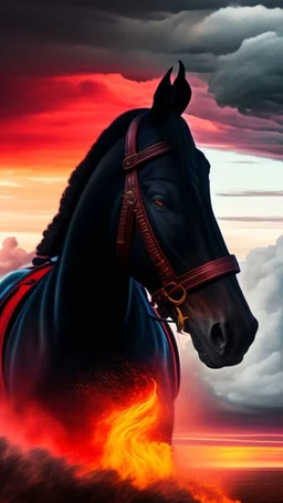 A black hooded with cane horse , man on a black wild horse jumping on fire ,red clouds in the sky with storm and cinematic scene 4k