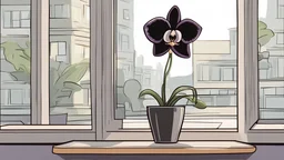 Cartoon black orchid in window