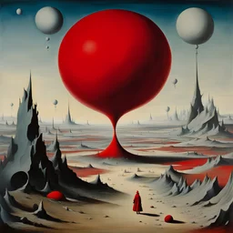 Odd open space, metaphysical, giant red object, very detailed, person, Yves Tanguy