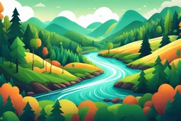 Create an landscape illustration with random forms of a forested river valley, Like chumbak backgrounds