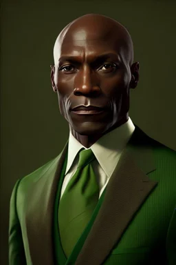 realistic Portrait of a man in his late forties. He wears a brown suit and a green tie and he is bald. dark skin. he looks like a politcian
