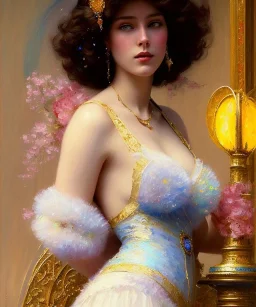 realist impressionist portrait of "The Curious Female" by Ross Tran rework. Masterpiece, best quality, painted impressionist brush strokes. paint drips and drabs and splatters by and by art nouveau and richard schmid . Paint spatters, drips, drabs, dynamic, artstation, artgerm