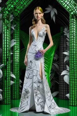 model with dress printed in 3D inspired by trullo, palm and orchids high tech