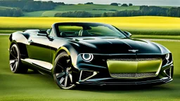 A sleek (((Bentley Camaro))), its iconic silhouette elegantly contorted, cutting through a (sunny, open field)