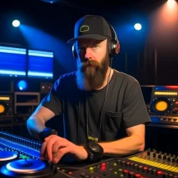 A short brown beard DJ with a baseball hat on his head, sing at microphone, many electronic consoles at club, laser lights, FRONT VIEW