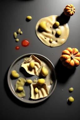 Cooking photo of wet Raviolis with truffle and pumpkin flying, minimal, olive oil, moisture, art, natural, ornaments, ceramic, marble, high kitchen, smooth, god rays, unreal engine 5, ray tracing, RTX, lumen lighting, ultra detail, volumetric lighting, 3d.