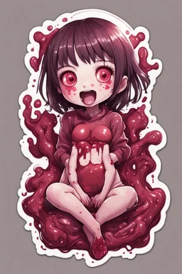 Sticker Kawaii Anime girl crushed inside really darkred fleshy stomach filled with digestive juices, sit pose, fullbody, smiling, Junji Ito style, darkred tones, pastel tetradic colors, high detailed, 4k resolution, digital paiting, cute, art, no background,