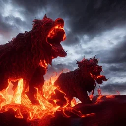 Cerberus, character-design, fire pouring from each mouth, full body, fiery dark skies in the underworld with Hades in the background, 8k, highly detailed, hyperreal, octane render, hdr, dark, sparkling lights, mysterious, surrealism, campbell white, 8K