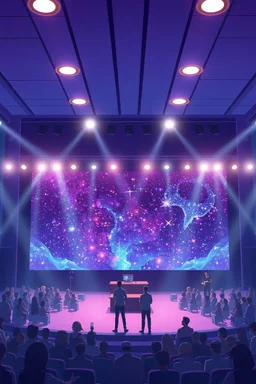 poster for a party with anime music videos galaxy theme stage with big screen