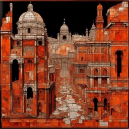 A dark orange colored cybernetic metropolis designed in ancient Greek mosaics painted by Gustave Courbet