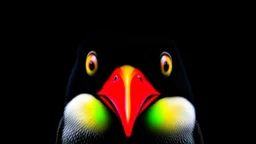 angry penguin | black background | red eyes | yellow beak