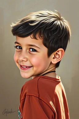 A five-year-old Palestinian boy with a beautiful face, turning his face to the right, a slight smile, his mouth closed, no teeth visible, his eyes looking to the left, he looks drawn with oil paints