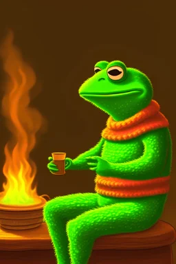 a tiny pepe the frog sipping tea wearing a cozy knit sweater by the fireplace