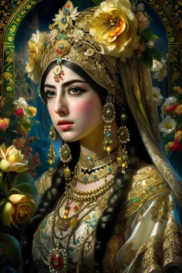 Beautiful facee Iranian Princess front wiev portrait, adorned with giant Jasmine, and lily flower ,roses , golden pearls , zafir gemstone headress, wearing floral, lace, pearls, zafirs ornate Iranian costume, organic bio spinal ribbed detail of Iranian style full jasmin and rose and persian garden background by the moonlight extremely detailed hyperrealistic maximalist portrait art 256K