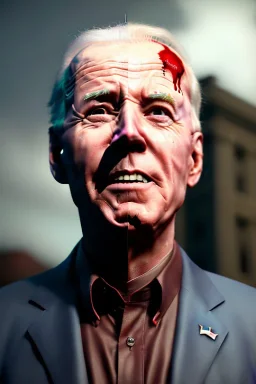 realistic image, joe biden zombie, arm cut and bleeding, amputated leg, night, walking with a limp, waist up view, dark ambient, highly detailed, sky background, concept art, unreal engine 5, god rays, ray tracing, RTX, lumen lighting, ultra detail, volumetric lighting, 3d, finely drawn, high definition, high resolution.